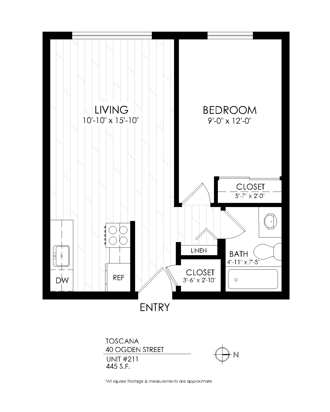 Floor plan for 1 bed, 1 bath, 470 sqft